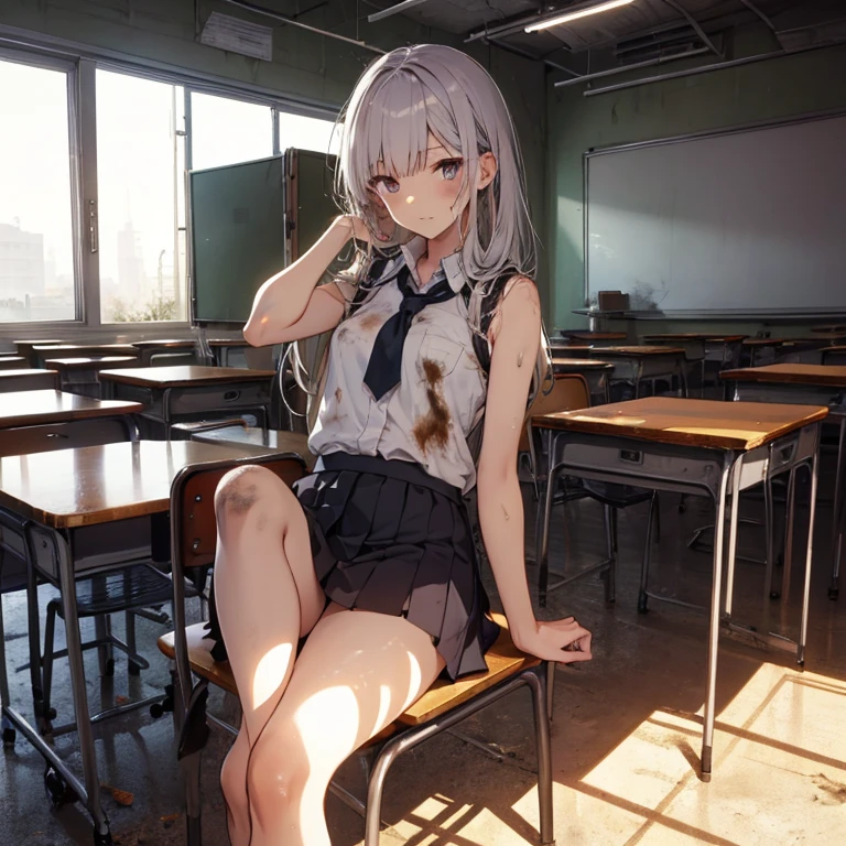 A group of  female students, (in classroom), various hair styles, harem, post apocalyptic, details face, short skirt, seducing, sleeveless, school uniforms, dirty body, shattered glass