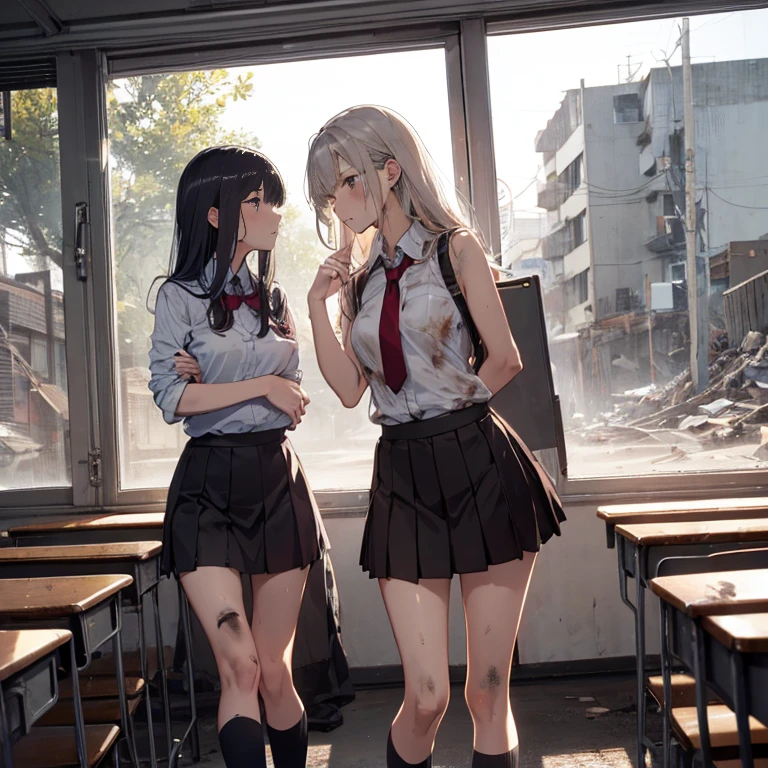 A group of  female students, (in classroom), various hair styles, harem, post apocalyptic, details face, short skirt, seducing, sleeveless, school uniforms, dirty body, shattered glass