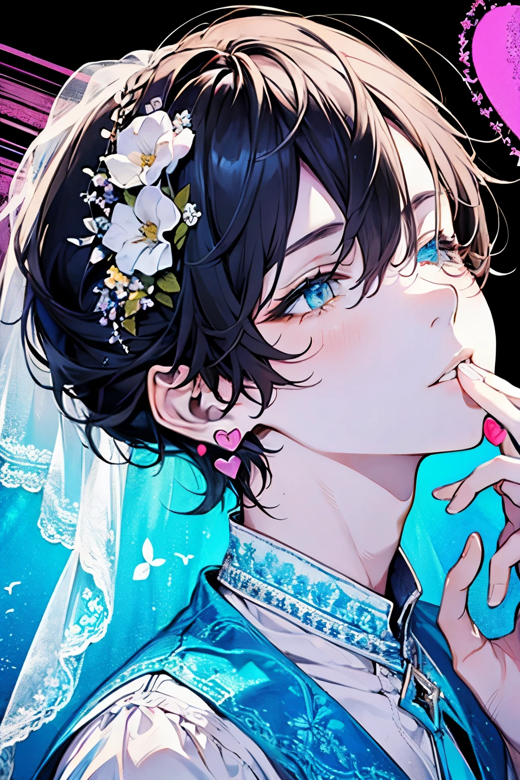 ((ars old man:1.2)), masterpiece, best quality, braid hair, black hair, (half up and half down hair:1.1),(portrait),white wedding dress,(pop and cute flower pattern background), (perfect hands),(Light blue,yellow,white),looking front,((Large and gorgeous earrings:1.1)),(With eyes closed, waiting for a kiss:1.35),((hand to own mouth:1.2)),((upper body)),((Looking up:1.2)),((heart:1.2))