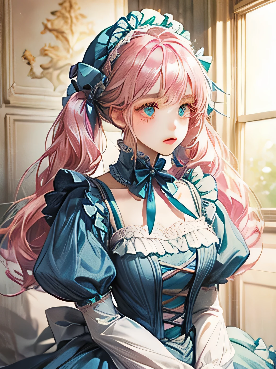 Lolita、Wearing a blue bonnet、Pink Hair、Fluffy hair、The whole body enters、No background、Twin tails、Blue dress