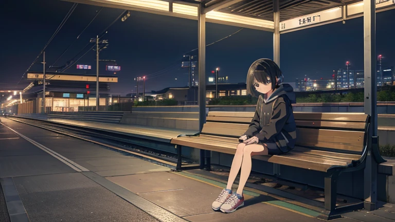 Masterpiece、Beautiful light、night、Waiting for the train on the platform at Kasukabe Station、Cute girl sitting on a bench、Short Bob、Black Hair、hoodie、Shorts、sneakers、I have headphones on、Sadness atmosphere、The station name is Kasukabe Station、There is a sign
