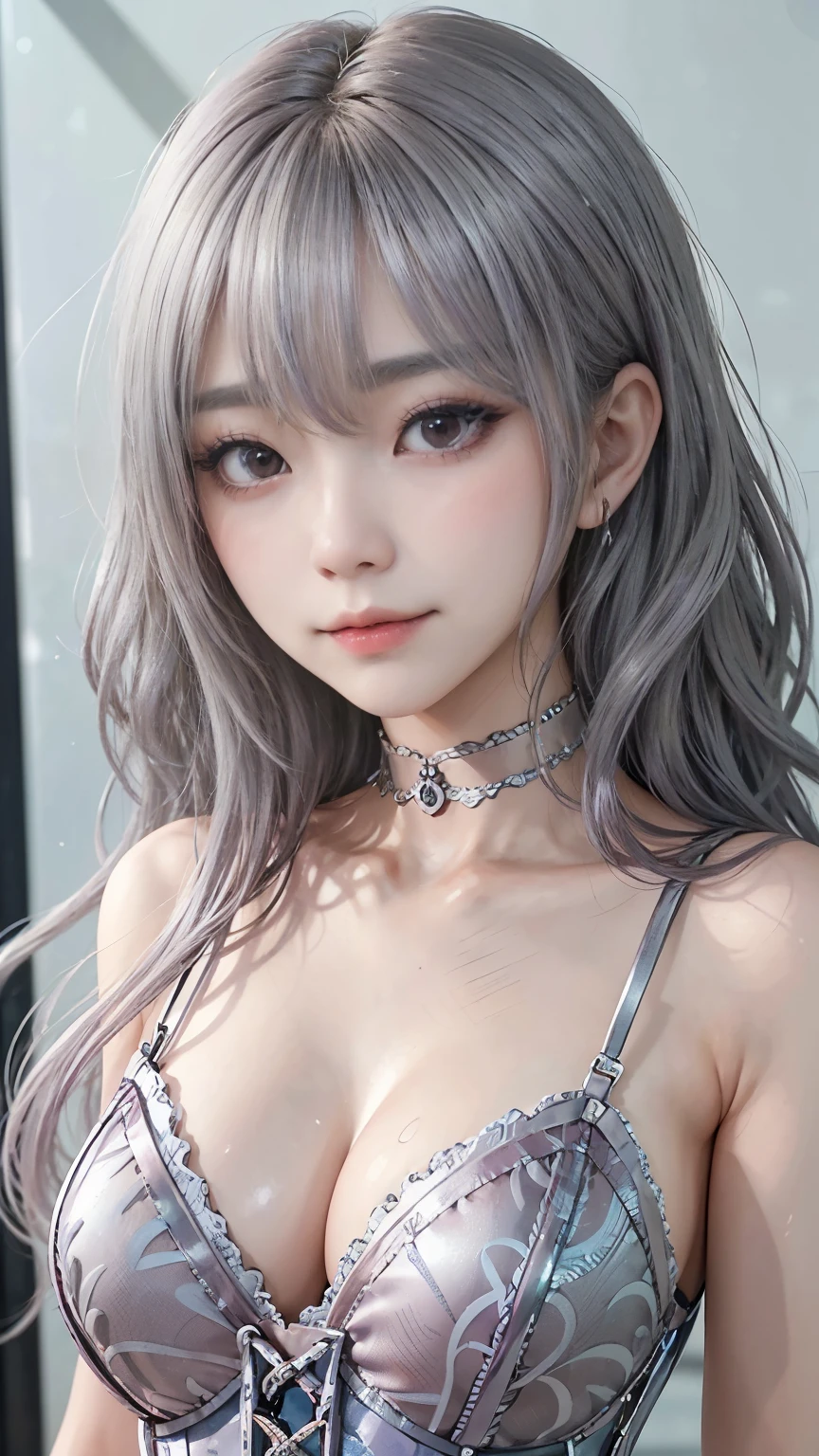 (thin eyebrows)、(((((closed mouth)))))、((Very strong sunlight))、((((beautiful silver hair))))、((small head))、(beautiful silver hair with short wavy:1.2)、full body shot、(((8K, Raw photo)))、 (((The face is the same as the cosplayer))),(Shot from above in high resolution 8K)、(very delicate and beautiful)、(masterpiece)、(highest quality:1.0)、(超A high resolution:1.0)、realistic shadow、[High resolution]、 fine skin、Super detailed、(beautiful hair)、Photoreal、lifelike face、big breasts thin waist、realistic eyes、small eyes、looking at camera、(((between the breasts)))、(eyeliner)、(mascara)、 lips with pink lips、((Looks very happy))、show your shoulders、Complex patterns and transparent materials、Artistic depiction of an attractive woman, Emphasizes an attractive silhouette。The scene was、、bask in the hot sun、Makes you feel the delicate beauty and charm of nature。(((intricate details))、advanced details、choker、NSFW,((highest quality、8K、masterpiece:1.3))、sharp focus:1.2、 (((Enamelled purple and silver corset)))、