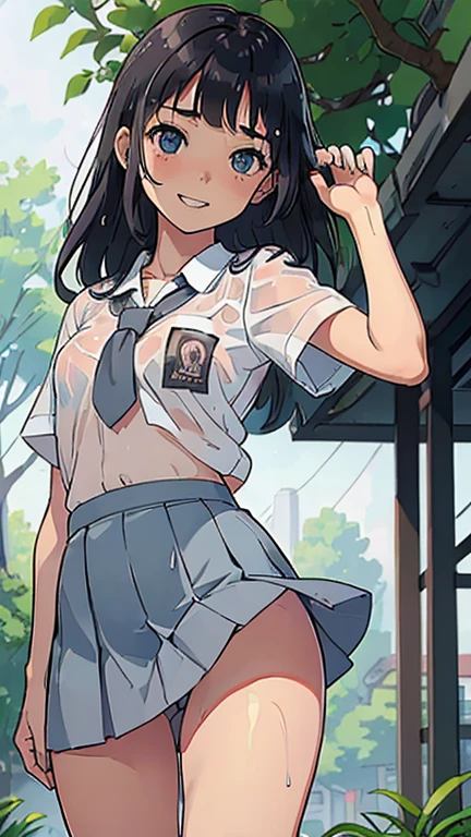 best quality,masterpiece,1girl,solo,(((NSFW))),(((9years old))),japanese girl,an extremely cute and beautiful girl,highly detailed beautiful face and eyes,petit,cute face,lovely face,baby face,shy smile,show teeth,black hair,medium long hair,Hairless pussy,flat chest,skinny,slender,(((wearing a wet transparent white short shirt and grey mini skirt))),(((standing in a school yard))),she is looking at the viewer,hands lift up dress,(upskirt above the waist:1.1),(no panties:1.1),(legs spread wide:1.1),(no bra:1.1)