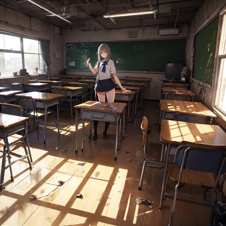 A group of female students, (in classroom), various hair styles, harem, post apocalyptic, details face, short skirt, seducing, school uniforms, dirty body, shattered glass