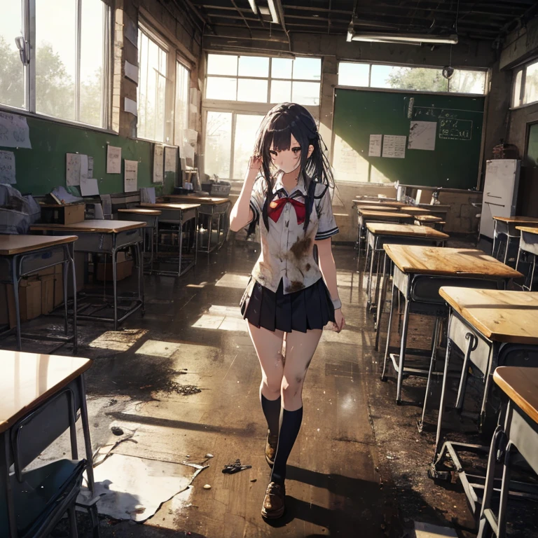 A group of female students, (in classroom), various hair styles, harem, post apocalyptic, details face, short skirt, seducing, school uniforms, dirty body, shattered glass