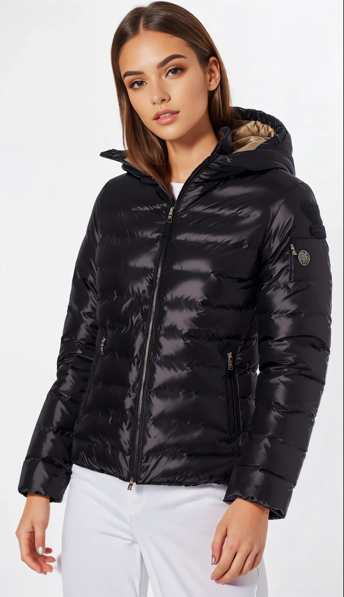a woman wearing a black puffy jaqueta with a hood, model wears a puffer jaqueta, jaqueta, casaco de couro preto azeviche colante, couro coat, puffer jaqueta, black couro, couro padding, basic, couro jaqueta, couro, encapuzado, black jaqueta | brilhante, couro jaquetas, black draconic - couro, short couro coat, Easy, : :