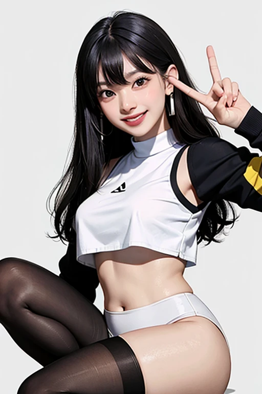 A girl take photo, smiling, wearing white crop top and a black tights, peace sign, tilted head,