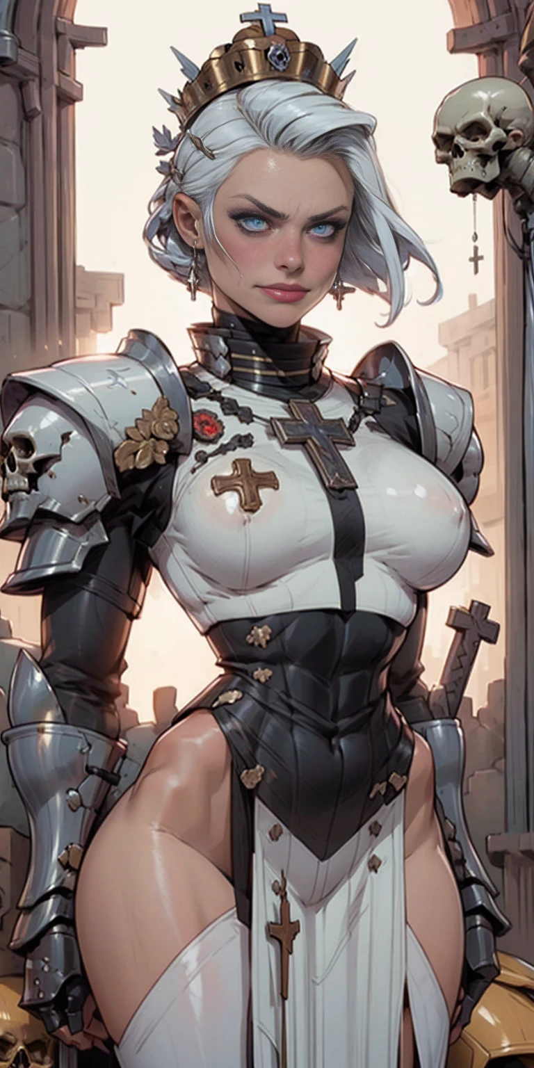 (masterpiece, best quality),  intricate details,
1girl,  squeenp,  blonde hair, blue eyes, crown, 
 shaded face,  looking down, from below, evil grin, angry, 
 armor,  cross, pauldrons, skulls,  cowboy shot, pelvic curtain,