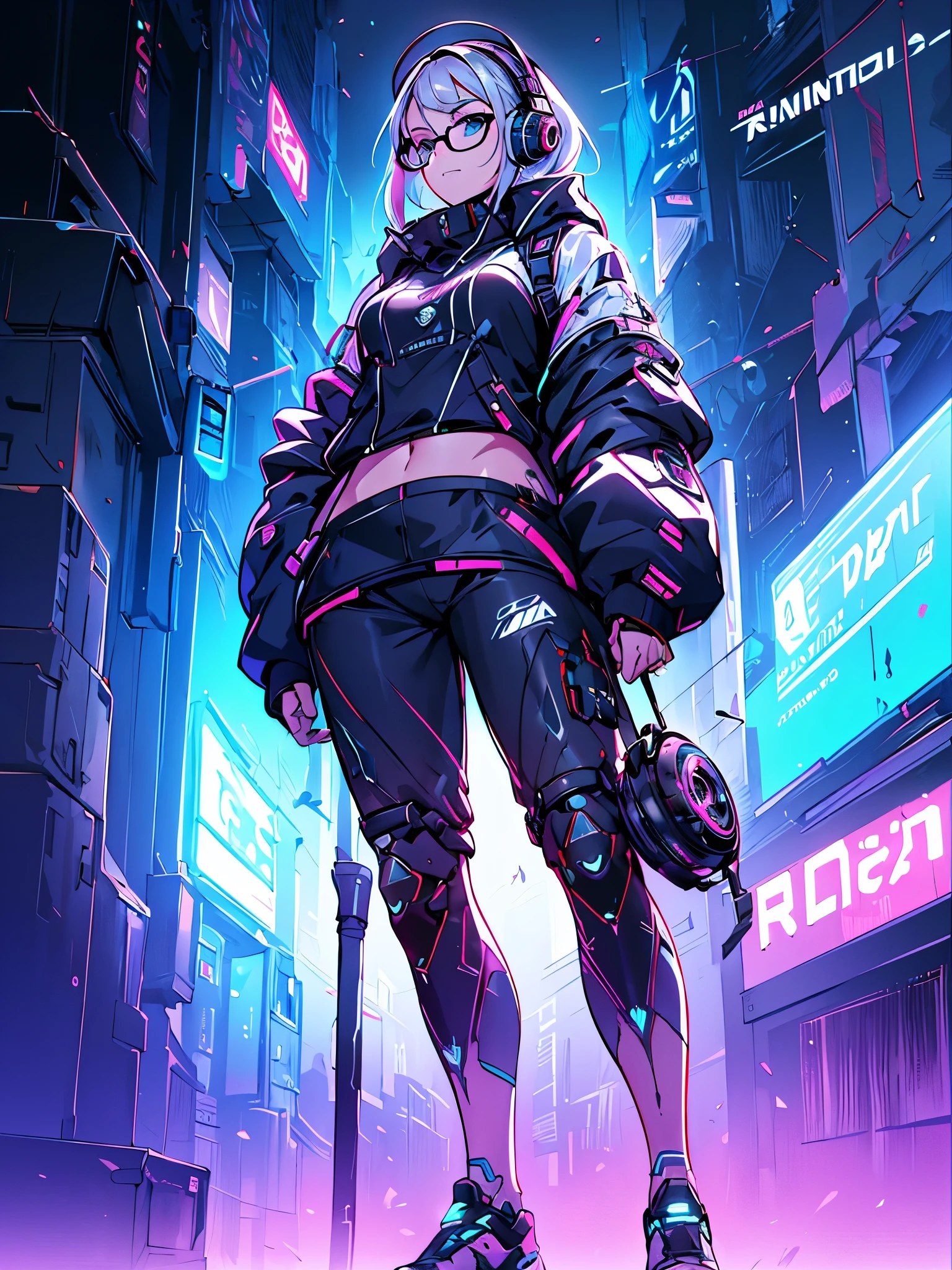 a woman with headphones next to a robot, corpo inteiro, olhando para cima, cyber glasses, boca meio aberta, Dark sky with clouds, (((a garota tem cabelos curtos brancos, tenis tech, e partes cyberpunk))), arte cyberpunk de Jason A. English, sociedade cg, retrofuturismo, Ilya Kuvshinov, sci-fi, futurista, vibrante, photorealista, realista, dramatic, cinematic lighting, sharp focus, 8K
