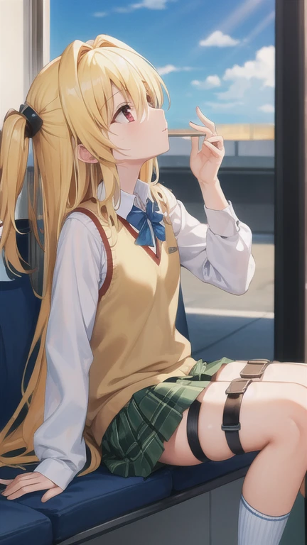 NFV,masterpiece,top quality,a high resolution,Anatomically correct,flame,dark,Yaminor,1 girl,long hair,One,hair ornaments,two sides up,blonde hair,Red eyes,,hair ornaments,, hair ornaments,A skirt, Red eyes, thigh strap, Sweater Vest, 格子縞のA skirt, plaid socks,molestation,I got my ass grabbed on the train,A man caresses my breasts,My pussy is being touched,Shy,sex,立ちバックsex,creampie,A man penetrated me from behind,sexual treatment,sex slave,(Sub:1.5),