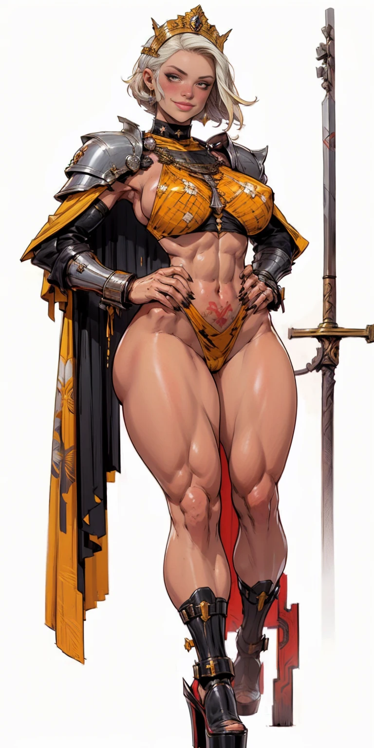 Two long thighs, yellow eyes, blonde hair, short hair, large breasts, detached sleeves, very white background, royal tiara, long cape, yellow tiger bikini, high heels, hands on hips. red tattoo on belly navel, full body female MILF BIMBO, lustful smirking smile face (red blush), metal shoulders, golden bracers sleeveless, black choker sex slave