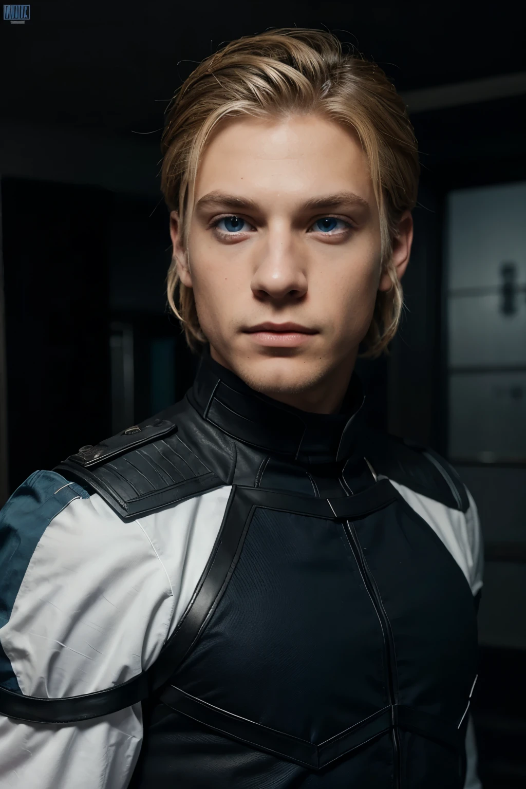 Blue-eyed blonde boy with a black lock, pecas y un lunar en el ojo izquierdo, de traje negro, piel blanca, very attractive marvel comic style