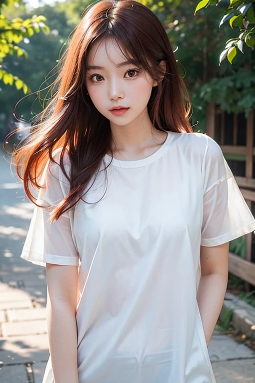 Create a photo of a super cute Asian girl, at the age of 18-20. The girl has ivory white skin, rosy and flawless, red hair, smooth, shimmering under the sunlight, with clear details. The girl's eyes are blue, almond shaped, sexy, youthful, Clear and super detailed, elegant and charming. Her makeup is sharp, authentic and eye-catching, The eyelids are delicate and perfectly beautiful. Arched eyebrows, sparse and sharp. Beautiful face, pure, beautiful like a fairy, light makeup, lovely and perfectly balanced, Beautiful down to every detail. Beautiful nose, lovely and tall, prominent cheekbones. Seductive lips, with lovely turquoise lip gloss. Bright smile, pure white teeth. The body is full of youth, Fits well with clothes. The girl wears a gorgeous dress with floral patterns, Leaves, birds and nature. The photo makes viewers feel like she is wearing a whole spring outfit, connecting legends from ancient times to the present. The photo exudes elegant beauty, Magic, nữ quyền, takes viewers into a dream where the girl is a brightly shining pearl. The background of the photo is a magical scene with bright sunlight shining through the trees, highlight the girl's beauty. Surreal details like flying lanterns, Glowing flowers and mist create a magical space, enchanting. The lighting in the scene is very special, with bright yellow sunlight illuminating the entire scene, creates a warm and magical atmosphere.