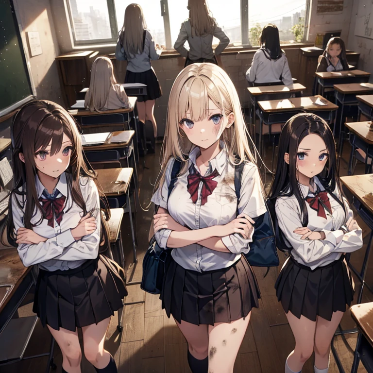 A group of female students, (in classroom), various hair styles, harem, post apocalyptic, details face, short skirt, seducing, school uniforms, dirty body, shattered glass