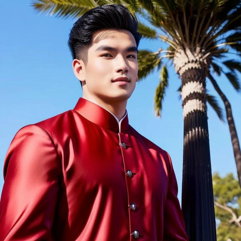 A man wearing a dark red volleyball shirt, expensive silk, Thai anime, Outdoor gym inspired by Li Khan, Damian Tran, wearing red dress, Wear a red formal dress, Handsome Chad Chin, Ross instead, Asian man, Mark, Liang Mark, Rick Dai, Christopher Chao, Inspired by David Diao, Thailand, แรงบันดาลใจจาก Liang Kai, Nanchuan