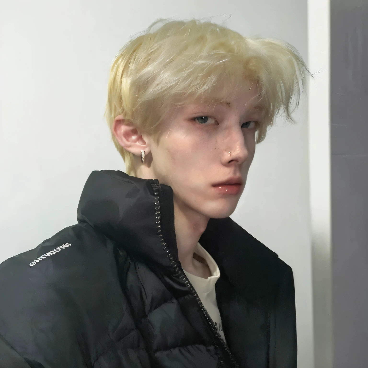 blond boy with piercings in a black jacket looking at the camera, extremely pale blond hair, 1 7 - year - old boy thin face, very very pale blond hair, kim doyoung, albino hair, blonde boy with yellow eyes, pale hair, cai xukun, intense albino, thin young male, albino white pale skin, taejune kim, ugly look