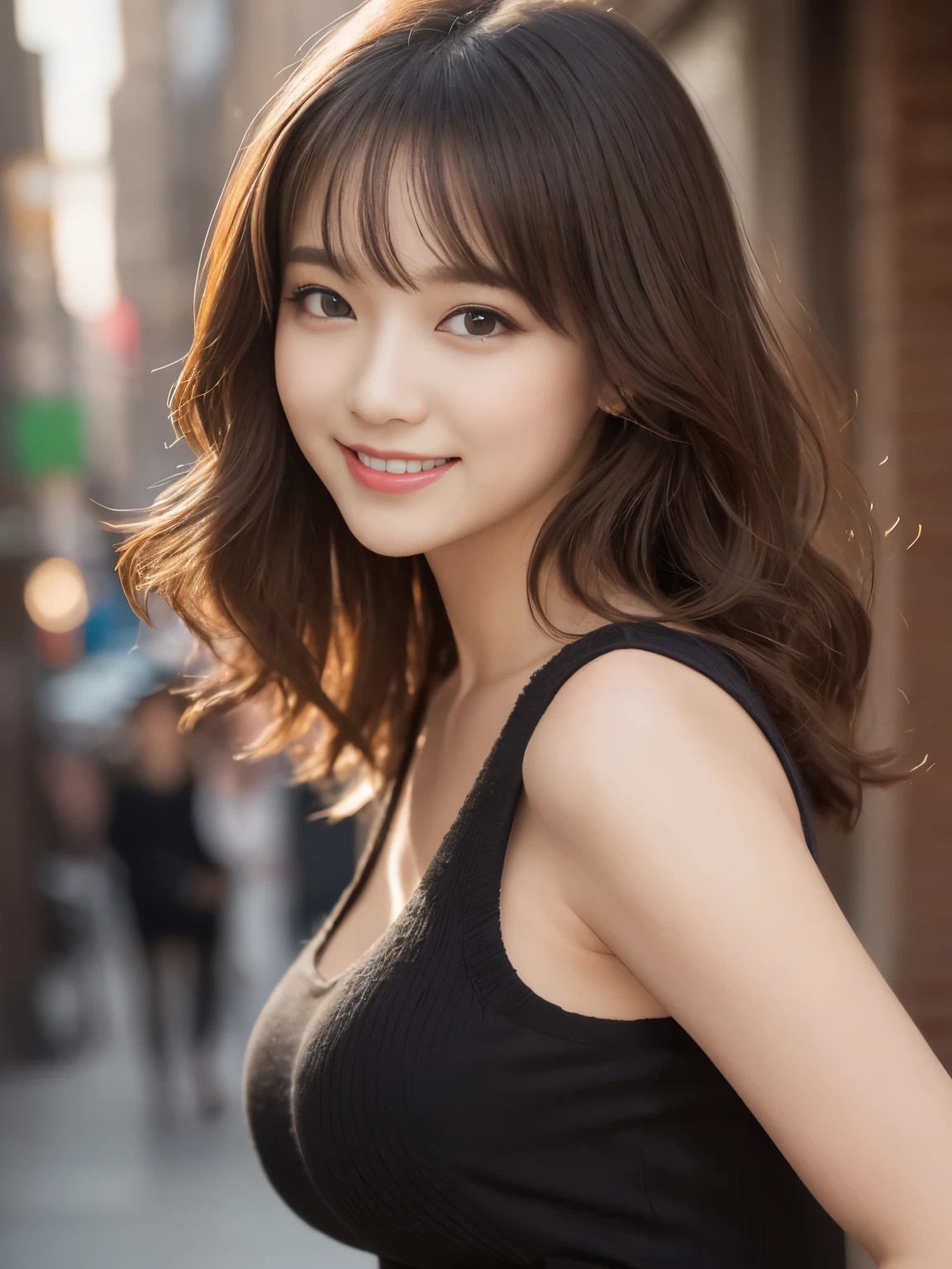 Tabletop, highest quality, figure, Super detailed, In detail, High resolution, 8k wallpaper, Perfect dynamic composition, Beautiful fine details, Women's fashion,Medium Wavy Hair,Natural color lip, Bold sexy pose,smile,City、20-year-old girl、cute、sexy shot looking at camera、smile
