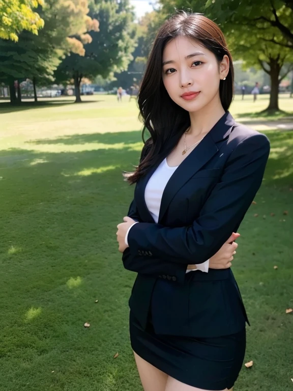 (RAW Photos:1.2), (Realistic:1.4),Beautiful detailed woman,非常にfine grainと顔, fine grain, Very detailed,High resolution, Very detailed,highest quality,Raise your consciousness,Unified,8k wallpaper,masterpiece,highest quality,1 female,alone,rich,Whole Body Ezbian,(Slightly thicker:0.9),Toned figure,,Tight waist,alone,(Jet black one-piece suit,mini skirt,High heels),Jewelry Necklace Medium Long Hair,A kind smile,A dignified atmosphere,black eye,Realistic,Central Park , (Morning Park:1.1)