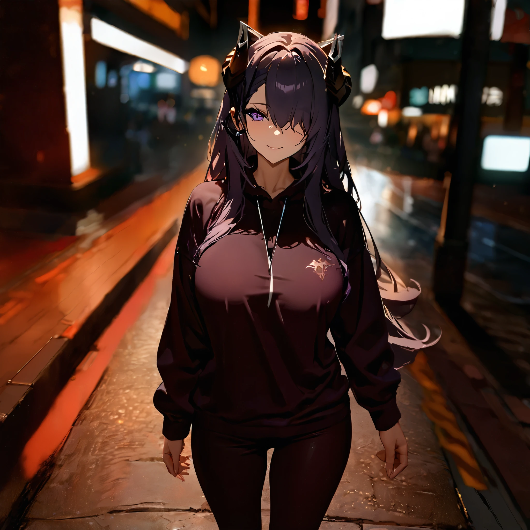 A woman wearing a dark purple sweatshirt with details of a dragon on the sweatshirt, horns, with a headset over her neck, dark purple sports pants, dark purple hair, long hair, violet eyes, smiling, walking on the sidewalk of a big city at night, with spot lighting, blurred background, big breasts, perfect face.,shadow, flower, UHD, masterpiece, accurate, anatomically correct, textured skin, super detail, high quality, best quality, 8k, high resolution, bokeh effect. (woman alone)
