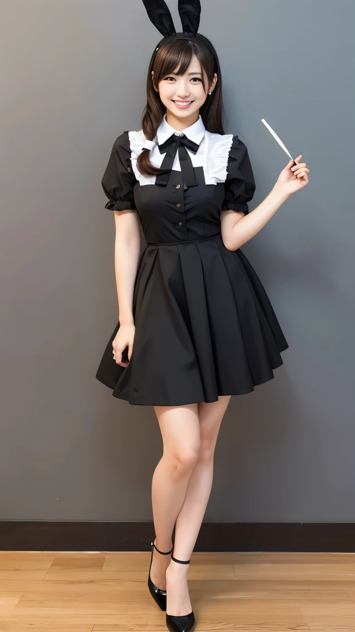 Bunny girl working at maid cafe:1.5,The best smile:1.5,Full Body Shot:1.5,Gray background:1.5,Wearing black high heels:1.5,