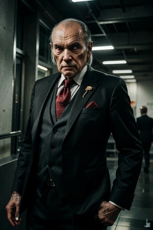 Old man with an evil face and dressed in a suit without a hat and robotic implants in cyperpunk style