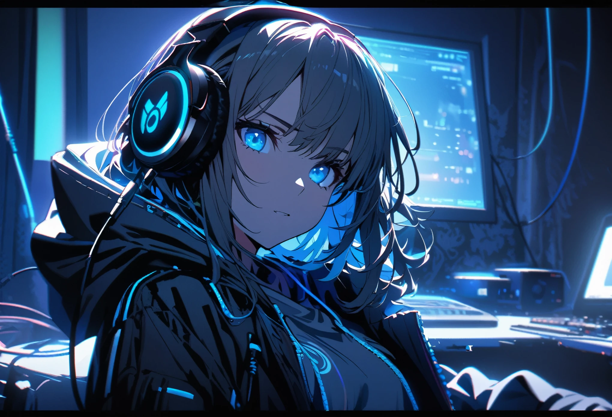  ultra detailed,1 girl, solo,  jacket with hoodie, cool, headphone, RGB lighting headphones, headphones with blue lighting, headphone with cable, blue lighting, wallpaper