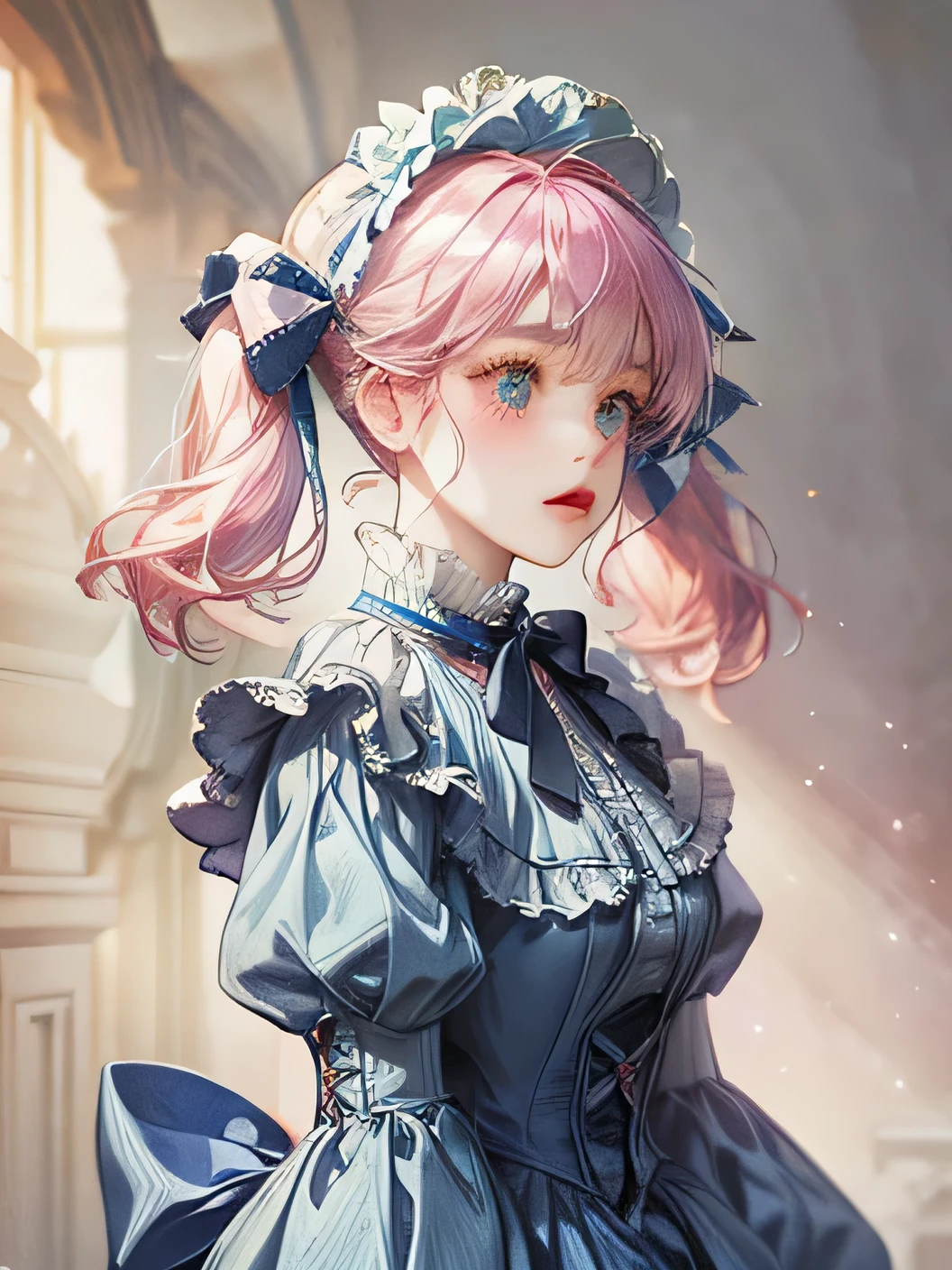 ta、Wearing a blue bonnet、Pink Hair、Fluffy hair、The whole body enters、No background、Twin tails、Blue dress