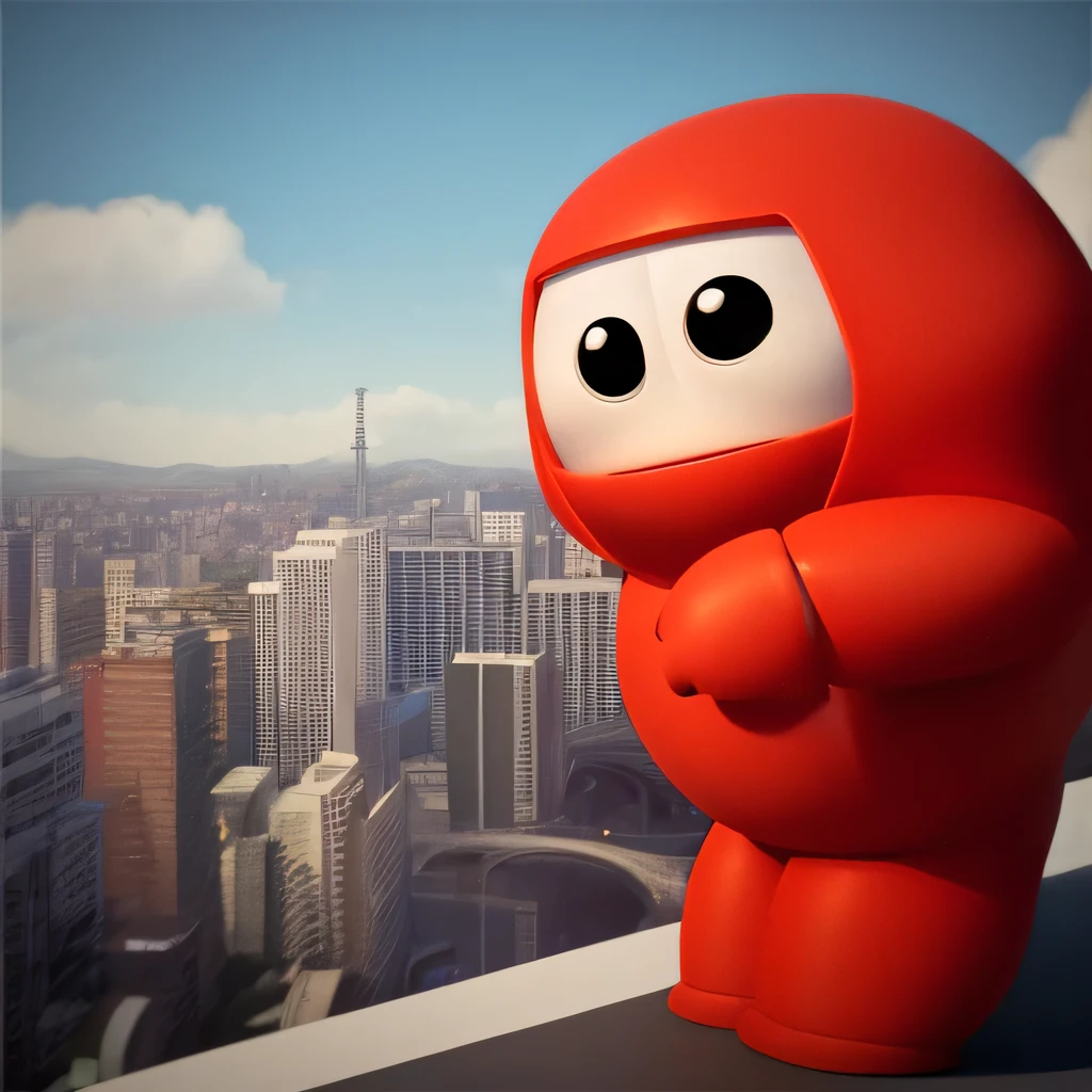  a close up of a red character  in front of a city, depicted as a pixar character, baymax, in style of baymax, baymax from big hero 6, pixar renderman render, ideal pixar character, render in pixar, pixar character, pixar 3d render, 3d model of a japanese mascot, as a pixar character