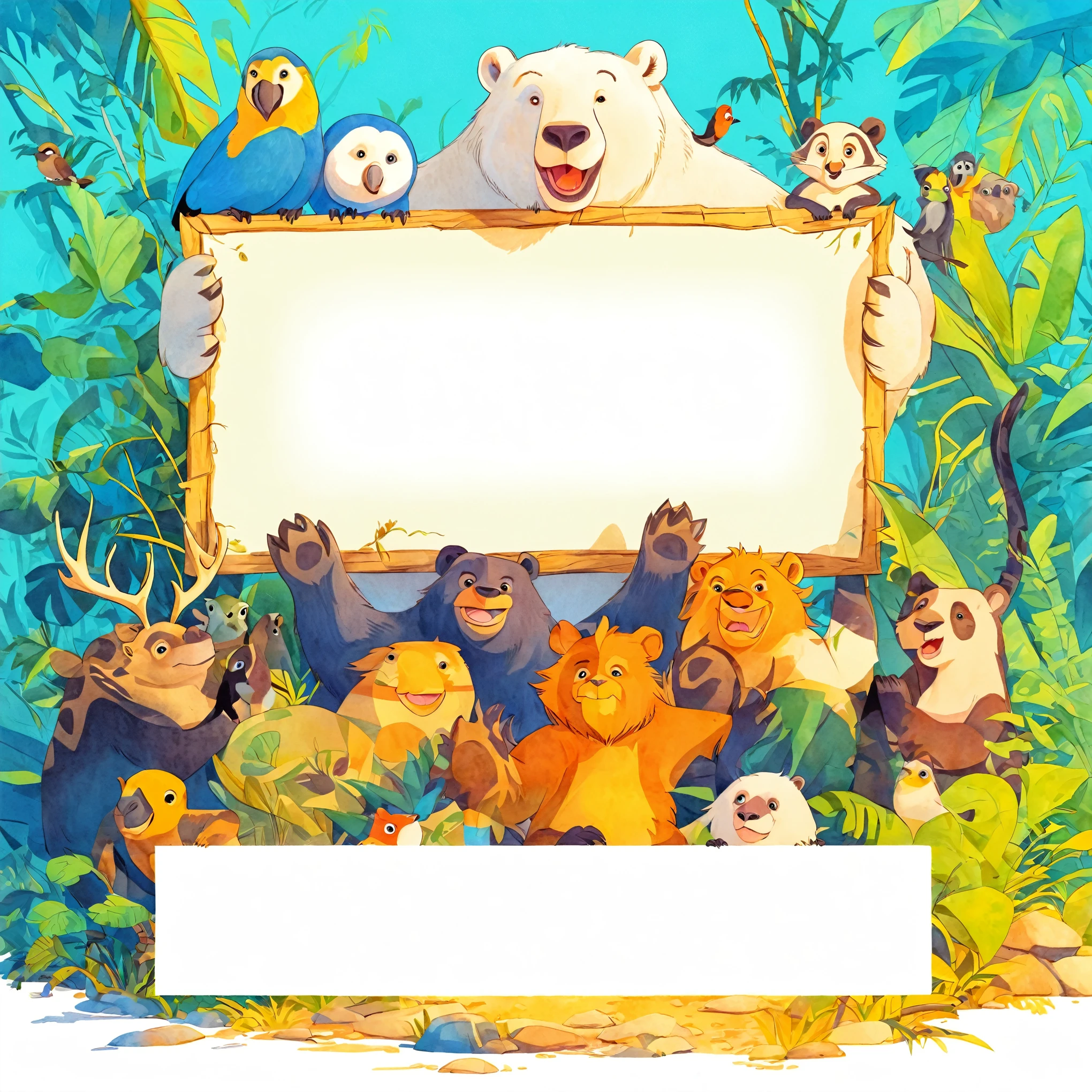 Hay muchos animales diferentes con un cartel en la jungla., estilo de arte de dibujos animados pintados a mano, el fondo es blanco, ilustración colorida de libros para Children, funny illustration, wildlife illustration, animales salvajes, fondo del cartel, many animales salvajes, very detailed illustration.", Children\The illustration, fondo muy detallado, full color illustration, en el bosque profundo hungle, high definition illustration, full page illustration
