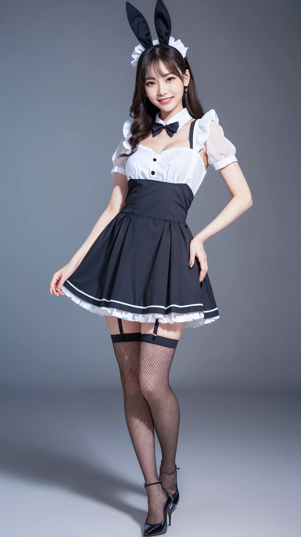 Bunny girl in a light blue maid outfit:1.5,Wearing light blue fishnet stockings:1.5,The best smile:1.5,Full Body Shot:1.5,Gray background:1.5,Wearing black high heels:1.5,