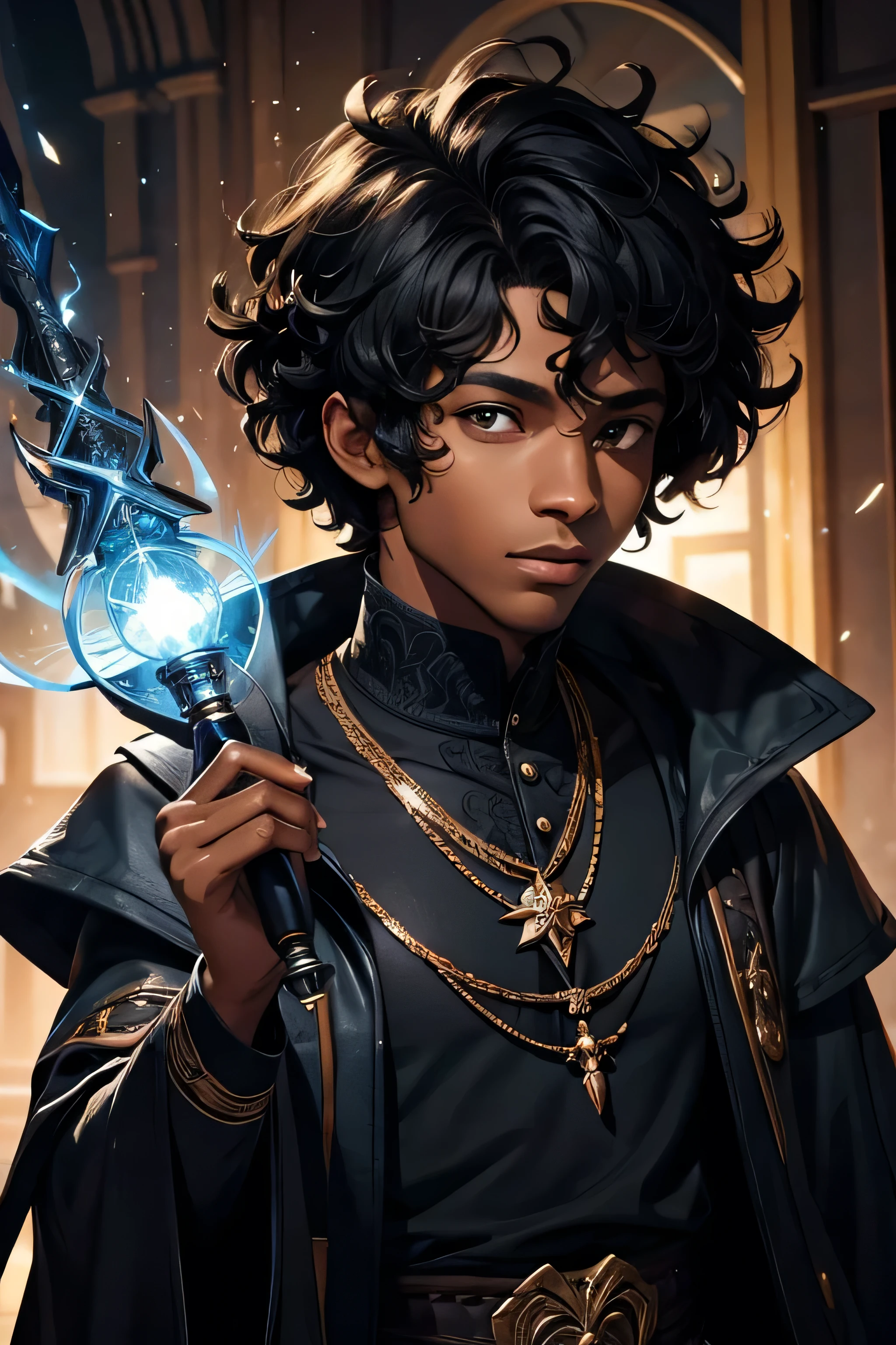 ung black man with short curly hair wearing a wizard's robe holding two iron knives