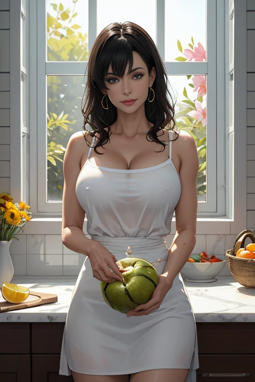 (realista), (obra maestra, mejor calidad), caliente (Lisa Ann), Mujer rubia con ojos azules y vestido verde de lunares en la cocina., oil painting, rasgos faciales detallados, colores vibrantes, natural lighting, cocina decorada con estilo, Armarios de madera, marble countertops, colgar ollas y sartenes, frutas frescas en la mesa, Un ramo de flores, vapor saliendo de una olla en la estufa, La luz del sol entrando por la ventana, Crisp and clear textures, enfoque intenso en los ojos y los labios, pcalienteo-realista rendering, retrato profesional, Pinceladas pulidas.
