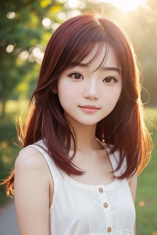 Create a photo of a super cute Asian girl, at the age of 18-20. The girl has ivory white skin, rosy and flawless, red hair, smooth, shimmering under the sunlight, with clear details. The girl's eyes are blue, almond shaped, sexy, youthful, Clear and super detailed, elegant and charming. Her makeup is sharp, authentic and eye-catching, The eyelids are delicate and perfectly beautiful. Arched eyebrows, sparse and sharp. Beautiful face, pure, beautiful like a fairy, light makeup, lovely and perfectly balanced, Beautiful down to every detail. Beautiful nose, lovely and tall, prominent cheekbones. Seductive lips, with lovely turquoise lip gloss. Bright smile, pure white teeth. The body is full of youth, Fits well with clothes. ((The girl wears a gorgeous dress with floral patterns, Leaves, birds and nature)). The photo makes viewers feel like she is wearing a whole spring outfit, connecting legends from ancient times to the present. The photo exudes elegant beauty, Magic, nữ quyền, takes viewers into a dream where the girl is a brightly shining pearl. The background of the photo is a magical scene with bright sunlight shining through the trees, highlight the girl's beauty. Surreal details like flying lanterns, ((glowing flowers and misty mist)) create a magical space, enchanting. The lighting in the scene is very special, with bright yellow sunlight illuminating the entire scene, creates a warm and magical atmosphere.