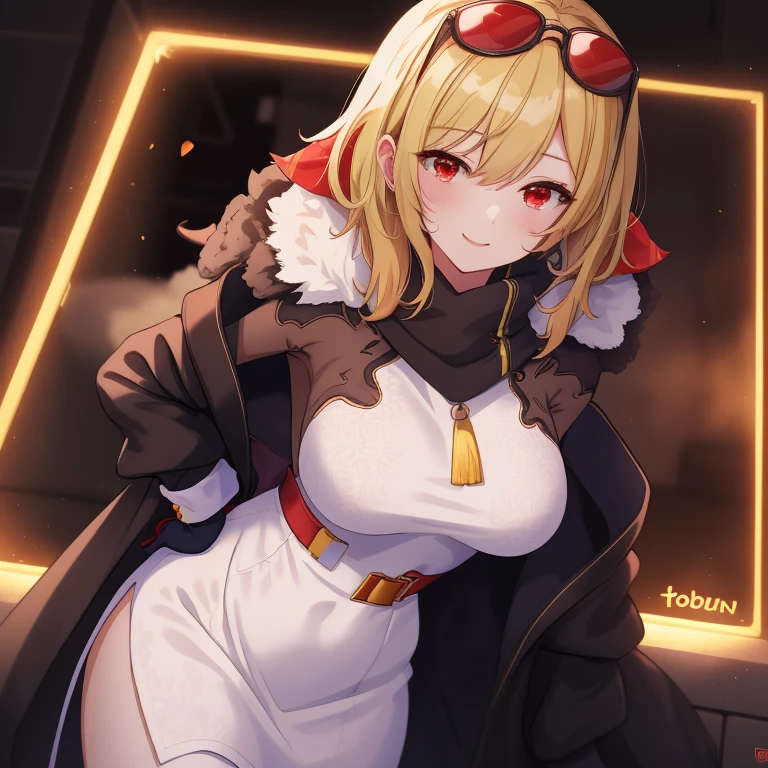 ((best quality)), absurdres, ((ultra high res)), kaela kovalskia, a woman in white dress and black coat, red eyes, blonde hair, gloves, extremely detailed, 8k, masterpiece, create a logo name "Anime Kawaii ID" with background blacksmith.