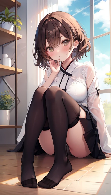 One Girl、Positive、Configuration from below、Full body portrait、Brown haired、Medium Haircut、blush、Absolute area、Knee socks、Knee-length、stockings、pantyhose、lace pantyhose、White underwear、No shoes、White pleated skirt、、Japanese high 、Summer clothes、Inside the house、Daytime、(Very big boobs)、((Full Body Lesbian))、masterpiece、(highest quality)、
Panties around the ankles