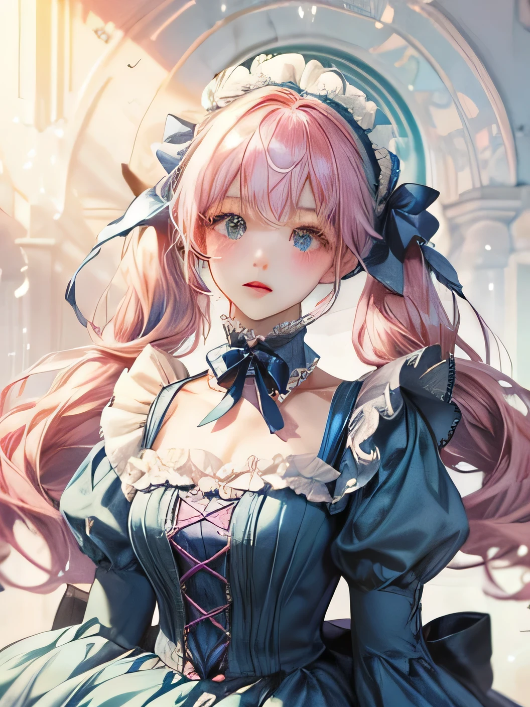 ta、Wearing a blue bonnet、Pink Hair、Fluffy hair、The whole body enters、No background、Twin tails、Blue dress