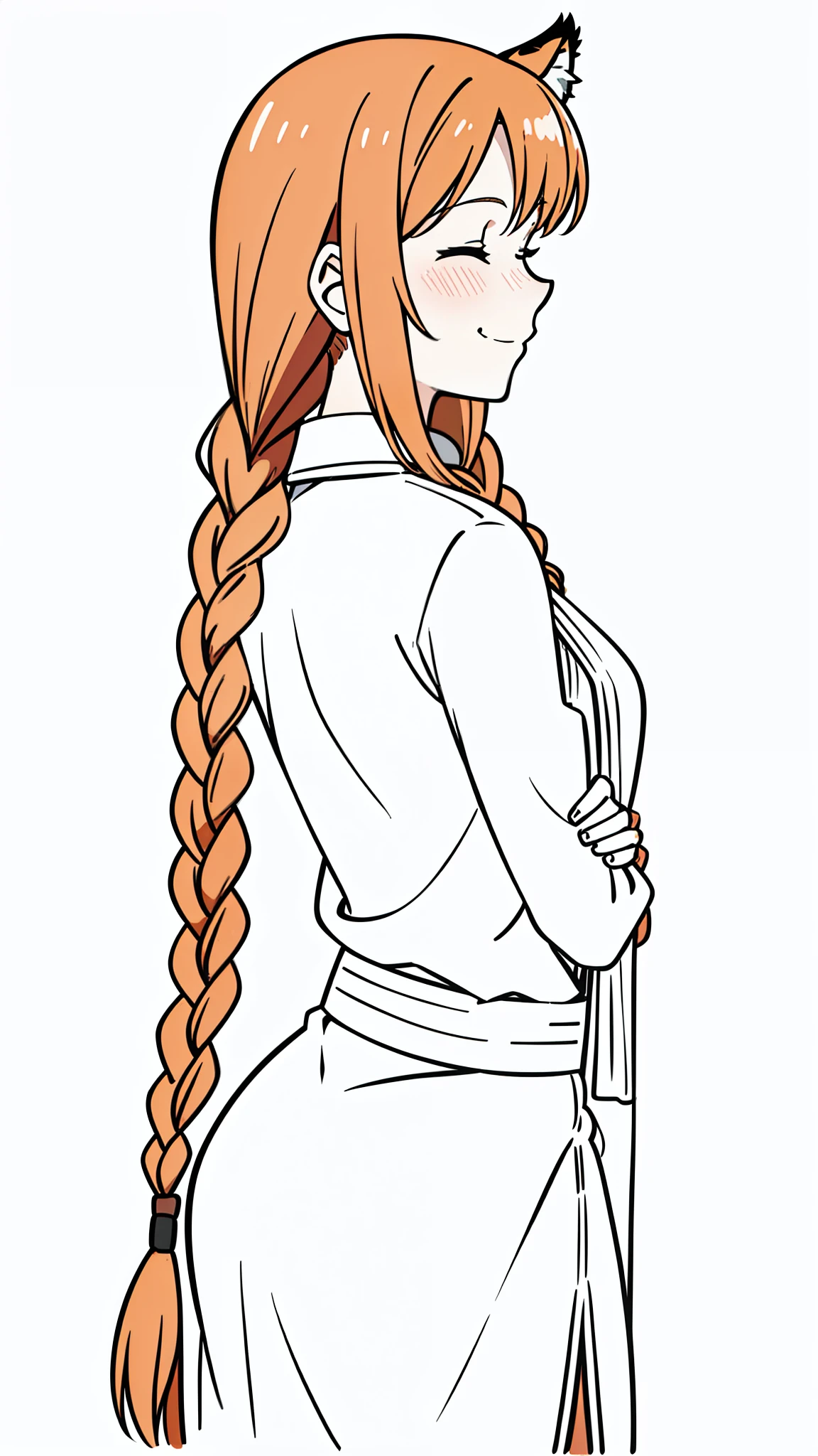 (1girl,20 years old,mature female,solo),tiger ears,long hair,(twin braids),orange hair,(white background,line drawing),upper body,((blush,smile,closed eyes)),crossed arms,((backwards,from back,looking away))