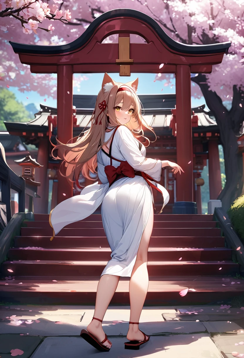 masterpiece,best quality,outdoor,Red Torii,Tree,stairs,Shrine Girl,look back,Red ribbon,Long hair,Cherry blossoms,Sky,Hair band,Headband,Cat ears,petal,Clogs sandals,White Kimono,Yellow eyes,