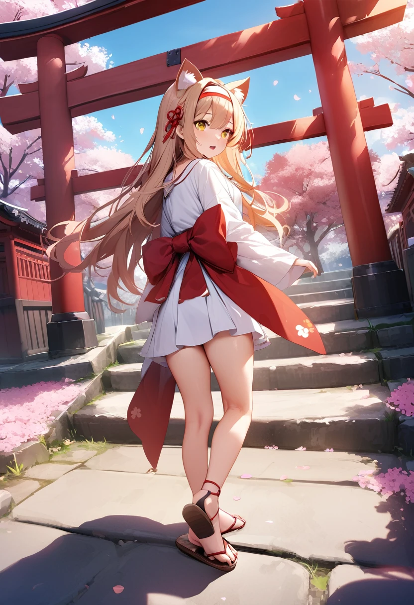 masterpiece,best quality,outdoor,Red Torii,Tree,stairs,Shrine Girl,look back,Red ribbon,Long hair,Cherry blossoms,Sky,Hair band,Headband,Cat ears,petal,Clogs sandals,White Kimono,Yellow eyes,