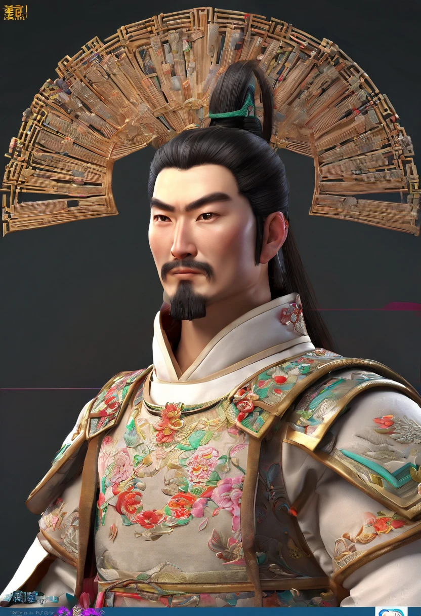 Ancient Chinese man in armor、Clever man、Looking into the camera、His hair is in a bun、Only one topknot、Black Hair、Stand and pose、Pixel art、(masterpiece, highest quality, highest quality), pixel,pixel art,whole body,Characters in Romance of the Three Kingdoms、Transform、Short Deformation、The head is decorated with white embroidery...、Handsome man in trousers