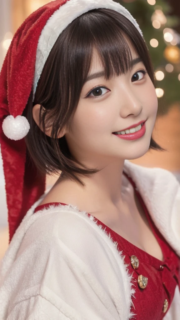 1girl, santa claus costume, symmetry,young japanese girl, slender figure, (ultra short hair:1.5), ultra big smile, beautiful detailed eyes, beautiful detailed lips, extremely detailed face, natural makeup, (best quality, 4k, 8k, highres, masterpiece:1.2), (ultra-detailed, realistic, photorealistic, photo-realistic:1.37), professional, vivid colors, studio lighting, snowing night town, christmas eve