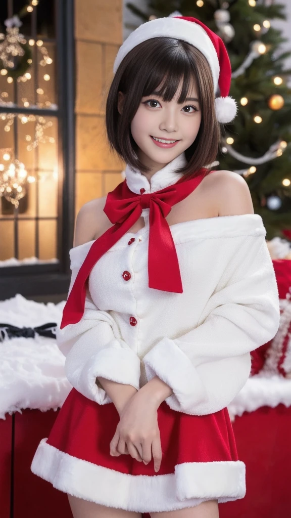 1girl, santa claus costume, symmetry,young japanese girl, slender figure, (ultra short hair:1.5), ultra big smile, beautiful detailed eyes, beautiful detailed lips, extremely detailed face, natural makeup, (best quality, 4k, 8k, highres, masterpiece:1.2), (ultra-detailed, realistic, photorealistic, photo-realistic:1.37), professional, vivid colors, studio lighting, snowing night town, christmas eve