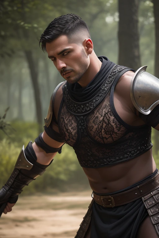 LAC34RMOR, Wearing black lace transparent mesh see through barbarian armor, See-through, Dynamic pose, Fighting stance, Close up, Portrait, medieval fantasy setting, Nature, holding weapon, exploited, Realistic, Masterpiece, Intricate details, Detailed background, Depth of field, photo of a man,buzz cut, super nudeness bulges