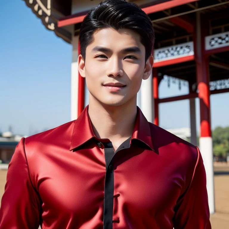 A man wearing a dark red soccer jersey., expensive silk, Thai anime,Outdoor gym inspired by Li Khan, Damian Tran, wearing red dress, Wear a red formal dress, Handsome Chad Chin, Ross instead, Asian man, Mark, Liang Mark, Rick Dai, Christopher Chao, Inspired by David Diao, Thailand, แรงบันดาลใจจาก Liang Kai, Nanchuan