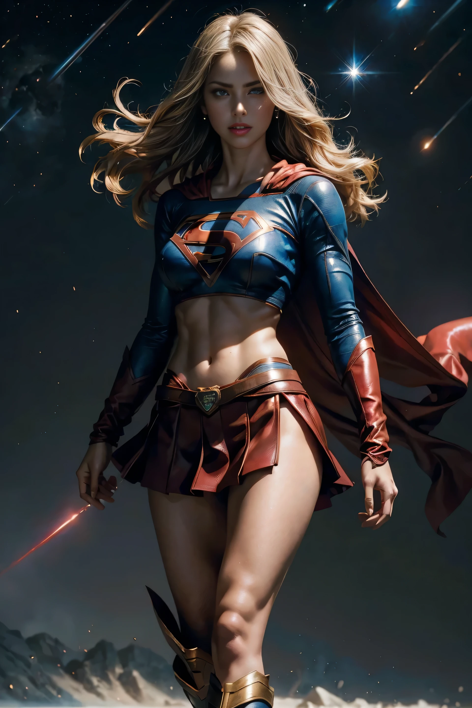 full body beauty woman in two piece Supergirl costume very long brown tied hair, blue eyes, red mouth, large breast, muscle body, brown leather short, gren leather t-shirt with floats into outer space background anime visual of Supergirl highly detailed artgerm, artgerm jsc, Supergirl , trendy artgerm, ruan jia and stanley artgerm, artgerm and atey ghailan, artgerm and ruan jia, ig model | art germ