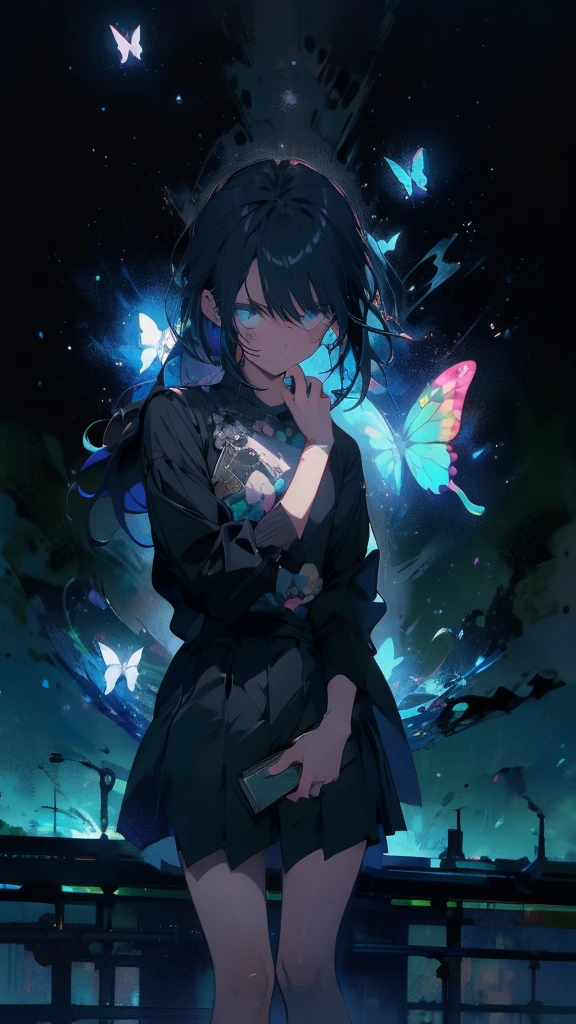 1 anime boy, alone,Black petals flutter, A mysteriously shining butterfly.city,thin legs,Gloomy cloudy sky,sad expression,very clear,highest quality,city,standing on the street corner,Are crying,tears,close up of face,
,The world in the book,holding a book in hand,up