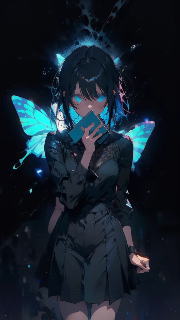 1 anime boy, alone,Black petals flutter, A mysteriously shining butterfly.city,thin legs,Gloomy cloudy sky,sad expression,very clear,highest quality,city,standing on the street corner,Are crying,tears,close up of face,
,The world in the book,holding a book in hand,up