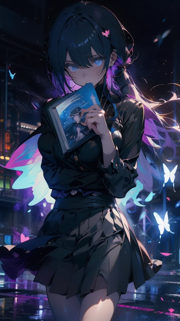 1 anime boy, alone,Black petals flutter, A mysteriously shining butterfly.city,thin legs,Gloomy cloudy sky,sad expression,very clear,highest quality,city,standing on the street corner,Are crying,tears,close up of face,
,The world in the book,holding a book in hand,up