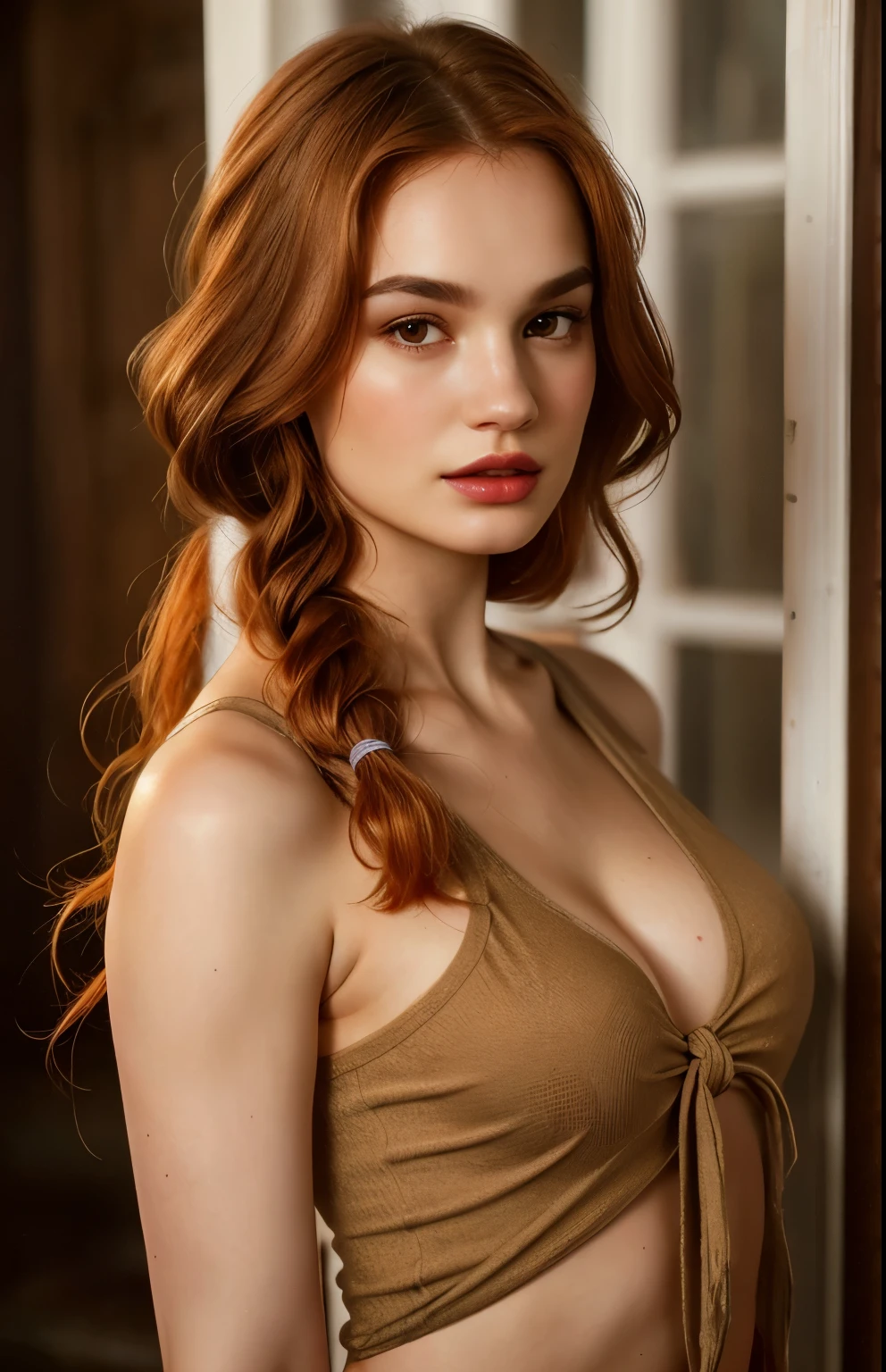 ((realistic skin texture, full body)), alluring caucasic woman using lipstick, tank top casual outfit, ((ginger tied up mid hair)), cute pose looking away, huge hooters, ((best quality, best quality, realistic photography)), ((masterpiece)),(full head on frame)) brown hair