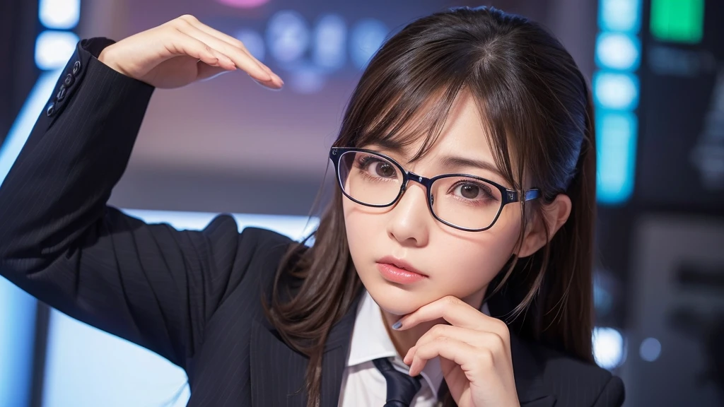 ((1 female))、Tilt your head to the right、Think things through、Frowning、Wearing glasses、Recruitment Suit、(There is a graph in the background)、Place the fingers of your right hand under your chin、Troubled face、Background as the main、(((The person is the center of the image)))